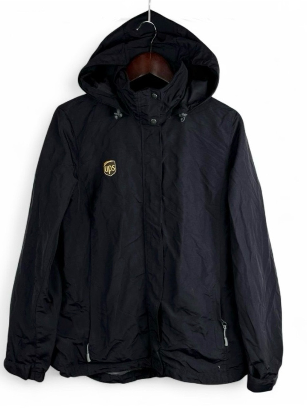 UPS Employee Uniform Windbreaker Coat Jacket Hood Full Zip Black Unisex Medium